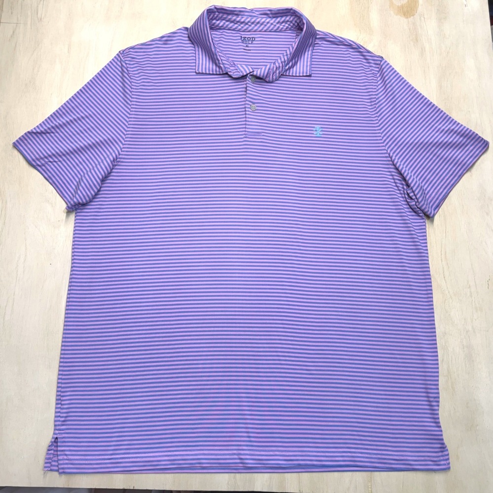IZOD Golf Mens XL Performance Polo Shirt Purple Pink Stripe Short Sleeve Stretch